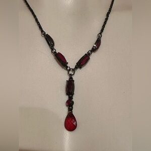 1928 Red Glass Y Drop Necklace Gunmetal Tone Faceted Stones Small & Elegant